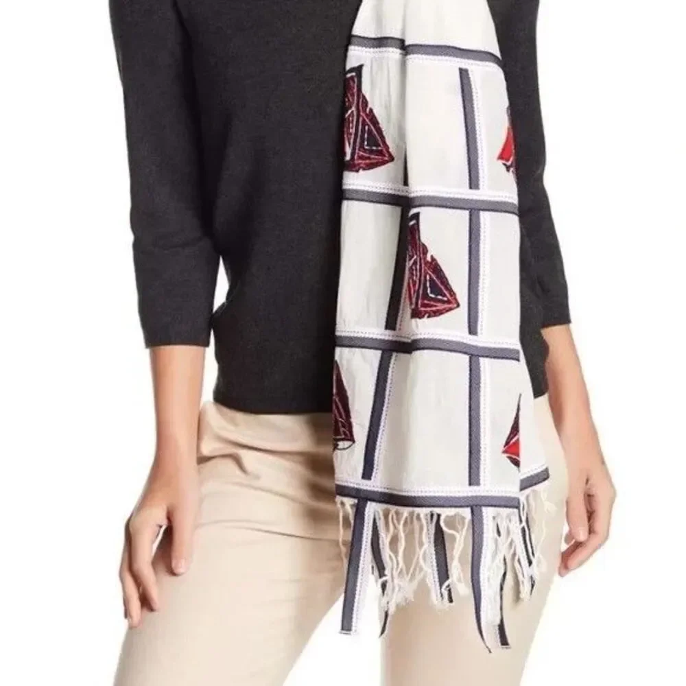 Tory Burch White Scarf with Navy Grid and Red Sailboat Motif